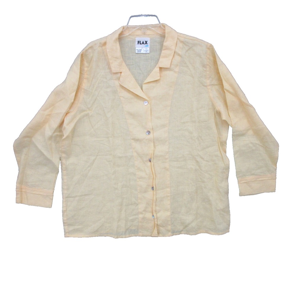 FLAX Designs Linen Size Large L Shell Buttons Collared Yellow Long Sleeve New
